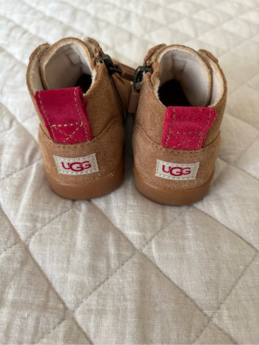 UGG Kids Tan Suede Ankle Boots with Red Laces